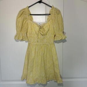 Rahi‎ Yellow Gingham Dress Puff Sleeves Ruched Waist Ruffle Hem Size: XS